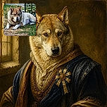 A wonderfully fluffy wolf-like dog lounges in the garden like the self-appointed guardian of the vegetable patch, staring into the camera with the serious expression of a furry security chief. Its enormous paws, pointed ears, collar, and thick coat make it look ready to patrol the greenery—or demand snacks.