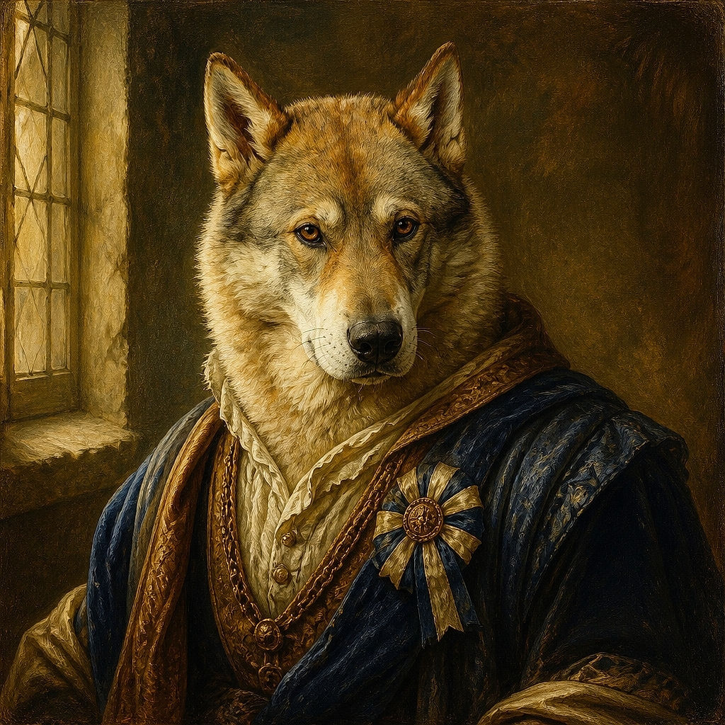 A wonderfully fluffy wolf-like dog lounges in the garden like the self-appointed guardian of the vegetable patch, staring into the camera with the serious expression of a furry security chief. Its enormous paws, pointed ears, collar, and thick coat make it look ready to patrol the greenery—or demand snacks.