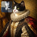 A charming black and white cat sits attentively on a tiled floor next to a textured wall and a rubber mat with circular holes, gazing off into the distance as if plotting its next adventure.