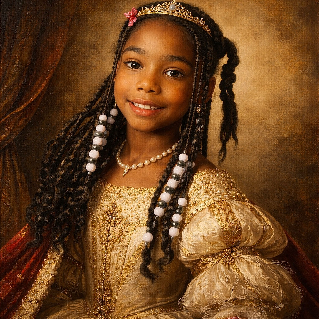A cheerful young girl with braided hair adorned with white beads smiles brightly at the camera, while another child with colorful braids is partially visible, both seemingly in a classroom setting with a ceiling full of tiles and a bulletin board in the background.