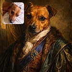 A close-up of a brown dog sprawled on a floral sheet, giving the camera a sleepy, judging side-eye — big wet nose in the foreground, soulful eyes, and a comfy bed backdrop. Feels like the dog is contemplating snacks and naps in equal measure.