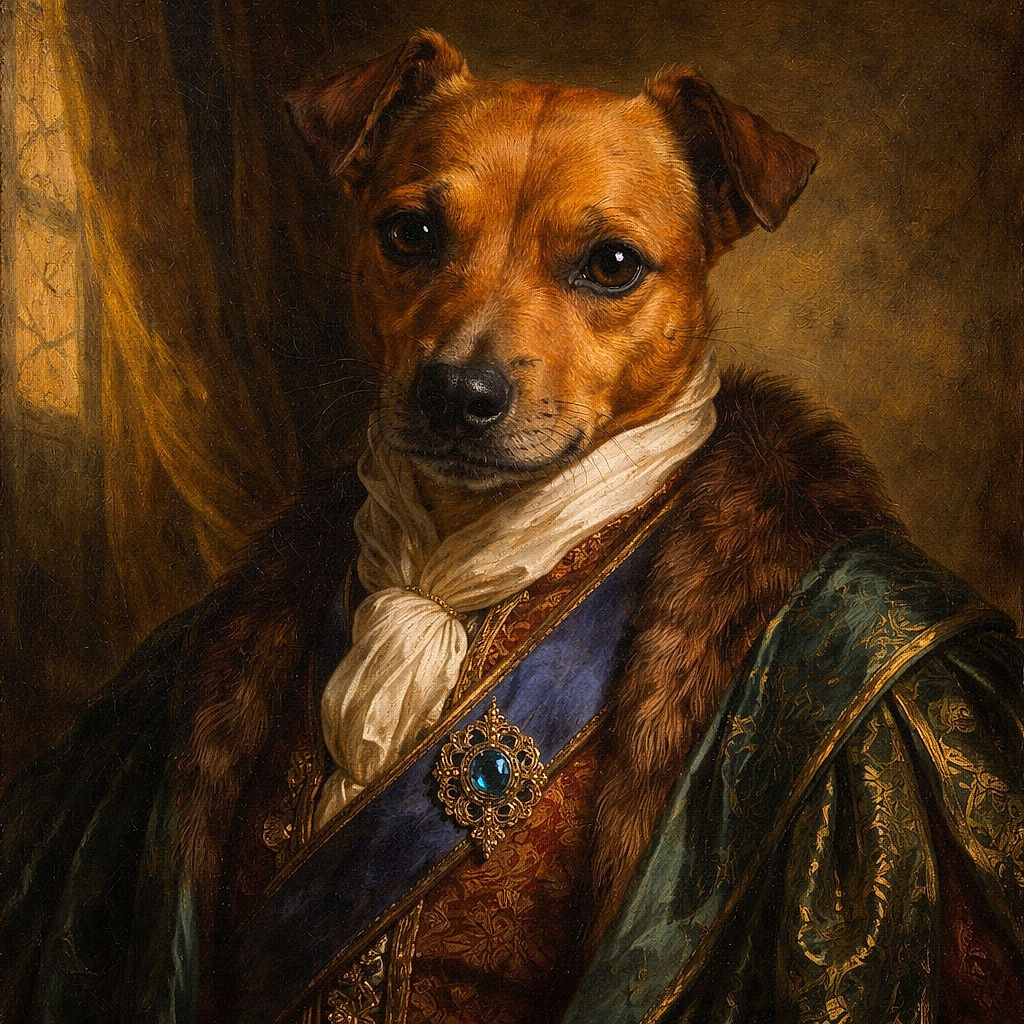 A close-up of a brown dog sprawled on a floral sheet, giving the camera a sleepy, judging side-eye — big wet nose in the foreground, soulful eyes, and a comfy bed backdrop. Feels like the dog is contemplating snacks and naps in equal measure.