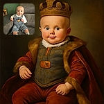 A happy baby with bright eyes is sitting comfortably on a gray couch, wearing adorable denim overalls with a teddy bear patch and matching socks, looking curiously at the camera against a green wall background.