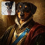 A curious black and tan dog intently gazes at a hand holding a soft, sleepy-faced plush toy, standing on a tiled floor under a table leg.