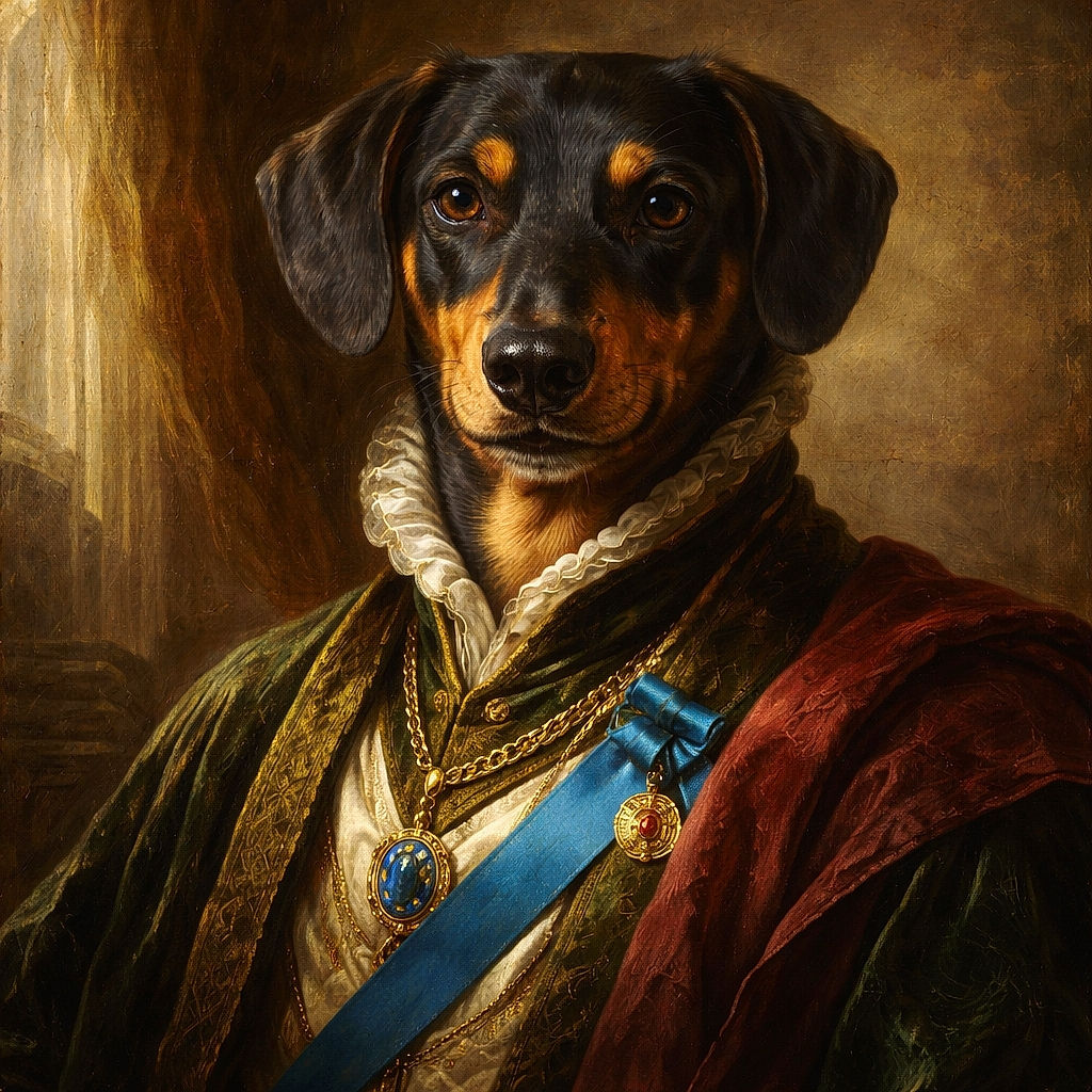 A curious black and tan dog intently gazes at a hand holding a soft, sleepy-faced plush toy, standing on a tiled floor under a table leg.