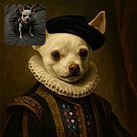 A tiny white Chihuahua wearing a sparkly black tutu dress sits on a dark gray quilted blanket, looking straight at the camera with big curious eyes and perky ears, ready for a night of fancy fun.