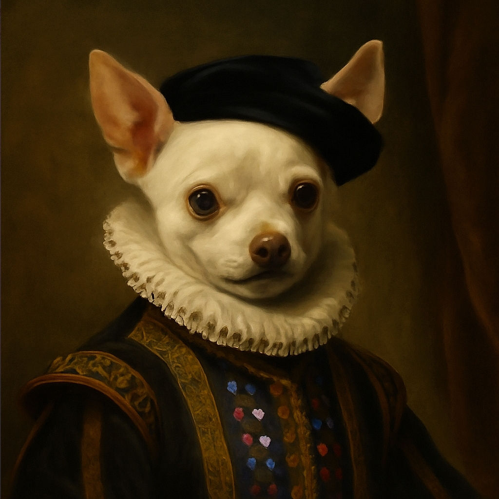A tiny white Chihuahua wearing a sparkly black tutu dress sits on a dark gray quilted blanket, looking straight at the camera with big curious eyes and perky ears, ready for a night of fancy fun.