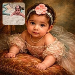 A tiny sea queen in a pink flower headband lounges on a plush faux-fur blanket, flanked by teal starfish plushies, a string of pearls and a '3 months' milestone card — giving the camera big curious eyes like she's plotting toy-world domination.