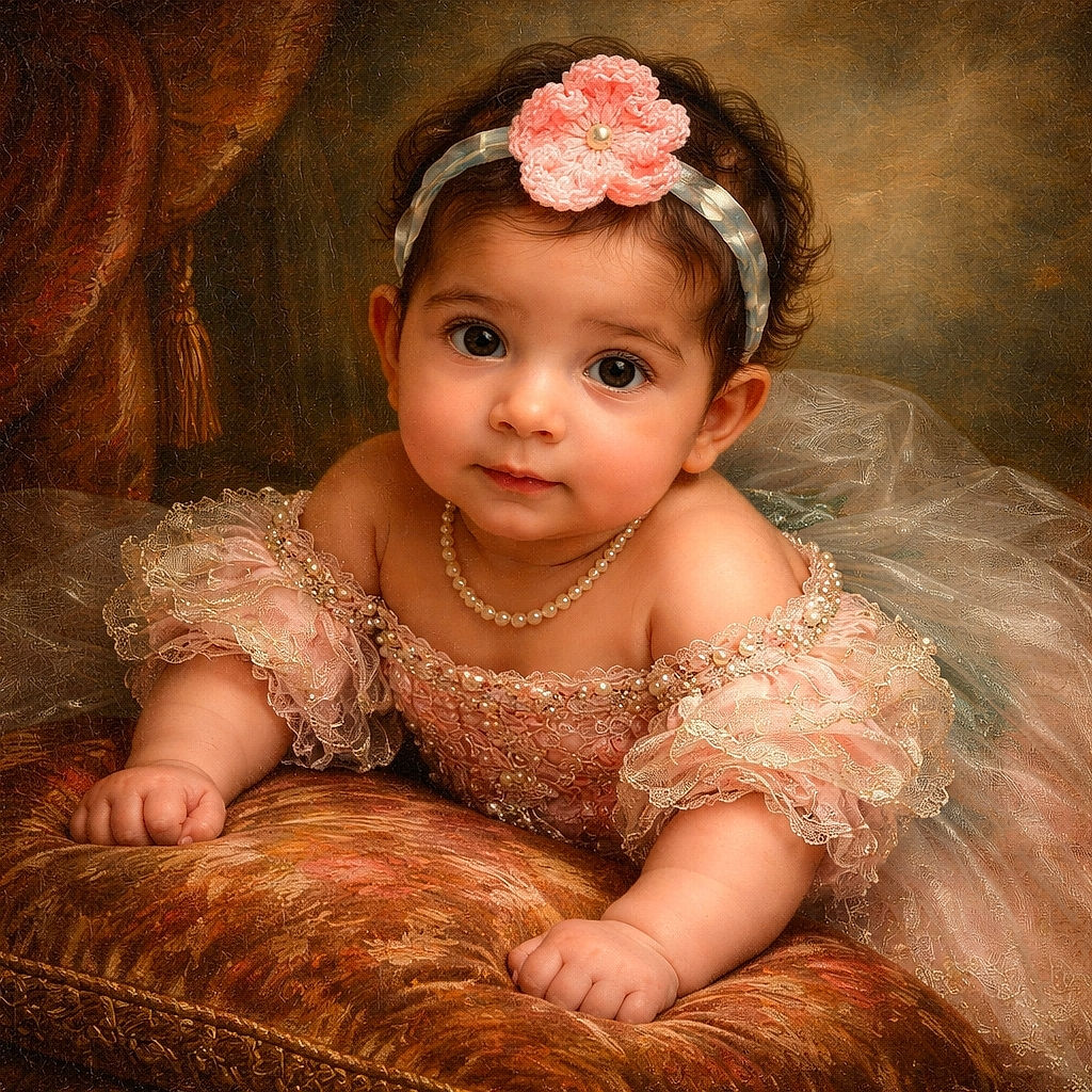 A tiny sea queen in a pink flower headband lounges on a plush faux-fur blanket, flanked by teal starfish plushies, a string of pearls and a '3 months' milestone card — giving the camera big curious eyes like she's plotting toy-world domination.