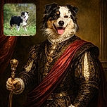 A happy black and white dog with a spotted face stands proudly in a grassy field, tongue out and looking like it's ready for some outdoor fun. The background is a soft blur of greenery, making the dog the star of this sunny day snapshot.