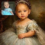 A charming toddler with curly hair and big curious eyes is dressed in a colorful cartoon-themed shirt and a fluffy blue tutu, looking straight at the camera with a gentle expression, set against a softly blurred indoor background.