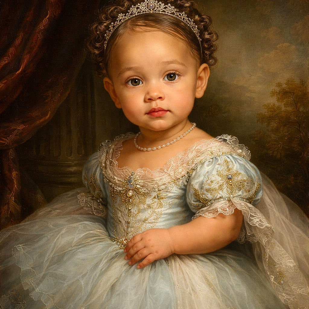 A charming toddler with curly hair and big curious eyes is dressed in a colorful cartoon-themed shirt and a fluffy blue tutu, looking straight at the camera with a gentle expression, set against a softly blurred indoor background.