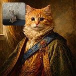 A fluffy orange kitten with big, curious eyes sits adorably on a dark surface against a textured beige wall, looking like the tiniest, fluffiest guardian of the geometric wallpaper kingdom.