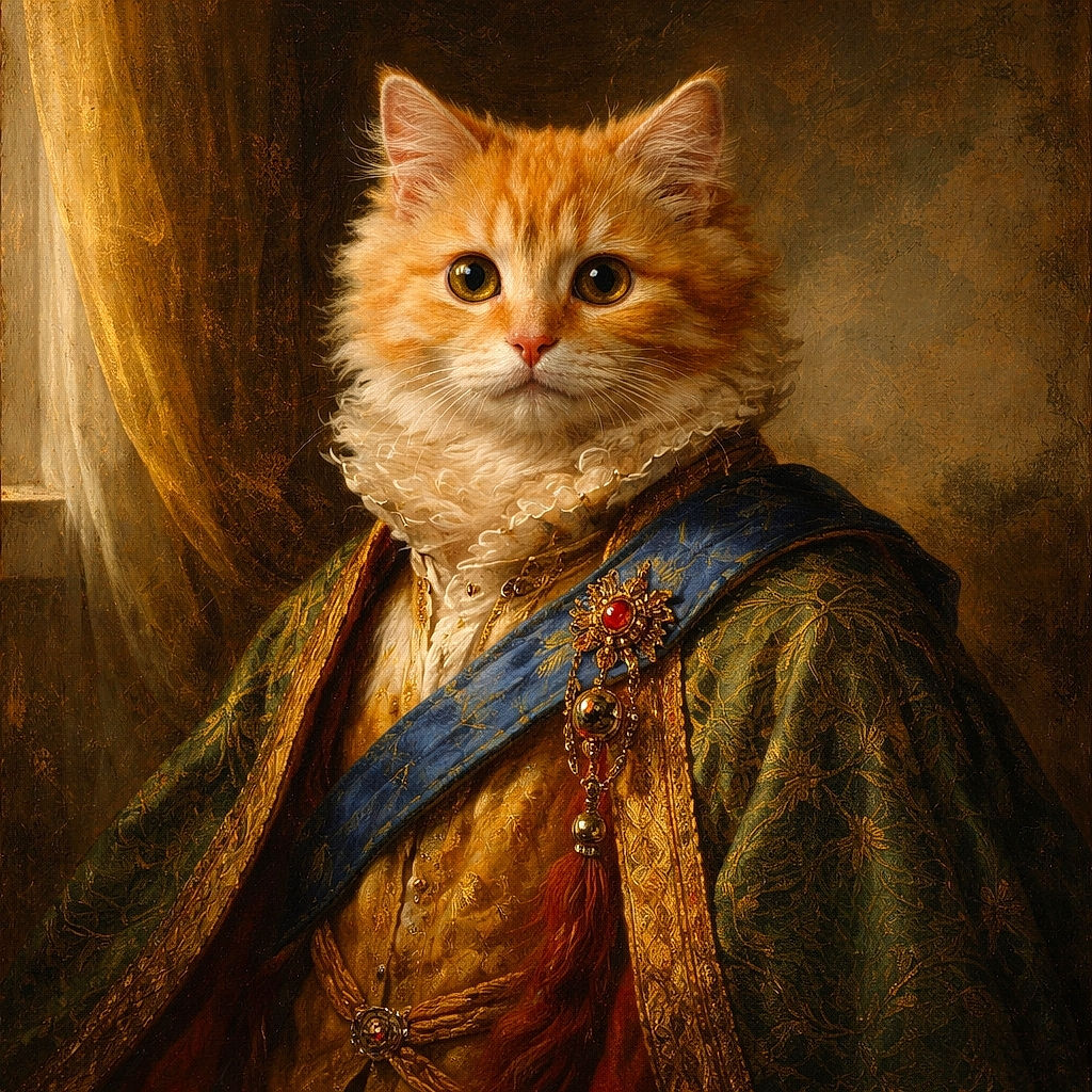A fluffy orange kitten with big, curious eyes sits adorably on a dark surface against a textured beige wall, looking like the tiniest, fluffiest guardian of the geometric wallpaper kingdom.