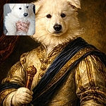 A fluffy white puppy being held up like a tiny cloud-lion, solemnly staring at the camera with a cute dirt-specked nose. Soft indoor lighting, a pale door in the background and caring hands cradling the pup's belly make this an irresistibly cuddly portrait.