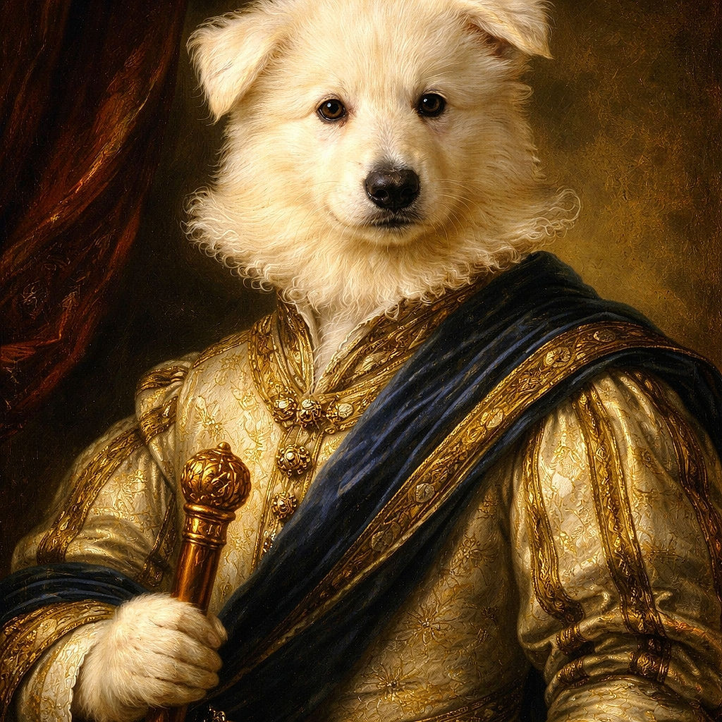 A fluffy white puppy being held up like a tiny cloud-lion, solemnly staring at the camera with a cute dirt-specked nose. Soft indoor lighting, a pale door in the background and caring hands cradling the pup's belly make this an irresistibly cuddly portrait.