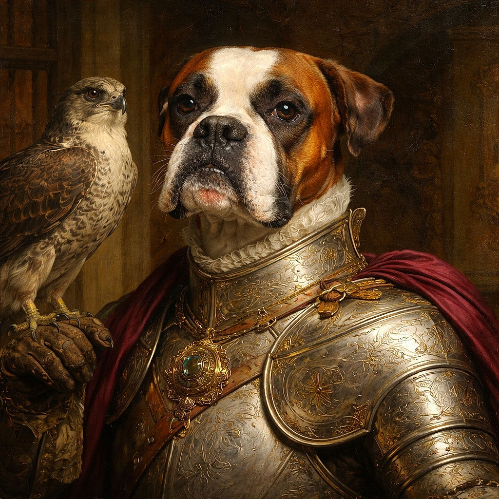 A cheerful boy flashes a big smile while a serious-looking Boxer dog takes center stage, their close-up capturing a perfect blend of youthful joy and canine stoicism indoors.