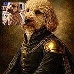 A fluffy, curly-haired dog gazes sideways with a slightly suspicious yet adorable look, while a cozy indoor living room setting blurs softly in the background and a hand gently pets the pup's chest.