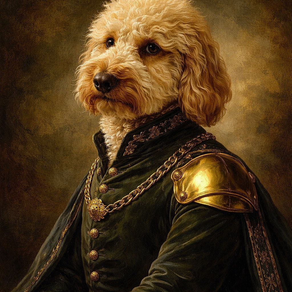 A fluffy, curly-haired dog gazes sideways with a slightly suspicious yet adorable look, while a cozy indoor living room setting blurs softly in the background and a hand gently pets the pup's chest.