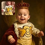 A cheerful baby wearing a cozy Tigger-themed outfit, lying on a soft surface with a patterned blanket in the background, looking curious and happy with mouth slightly open and arms reaching out.