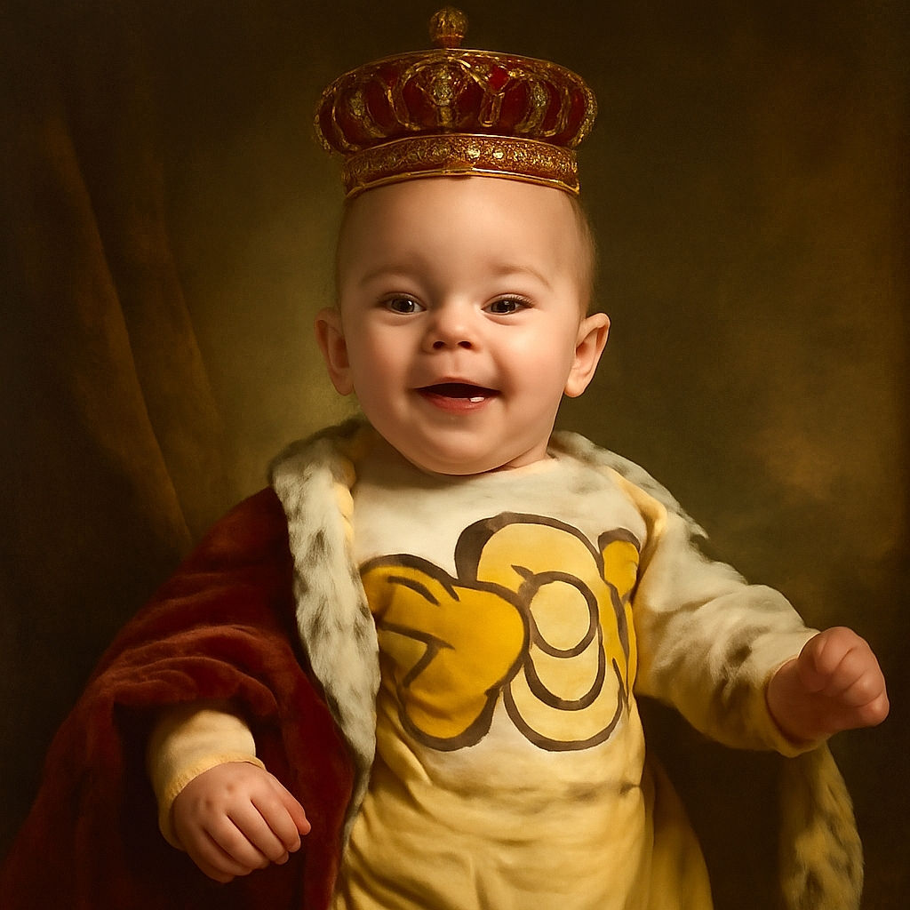 A cheerful baby wearing a cozy Tigger-themed outfit, lying on a soft surface with a patterned blanket in the background, looking curious and happy with mouth slightly open and arms reaching out.