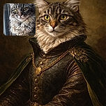 A majestic fluffy tabby cat sits perched on a wooden ledge by a window, its wide golden eyes staring intently as if guarding the secrets of the outside world. The natural light highlights the intricate patterns in its fur, making it look like a tiny furry lion surveying its kingdom.