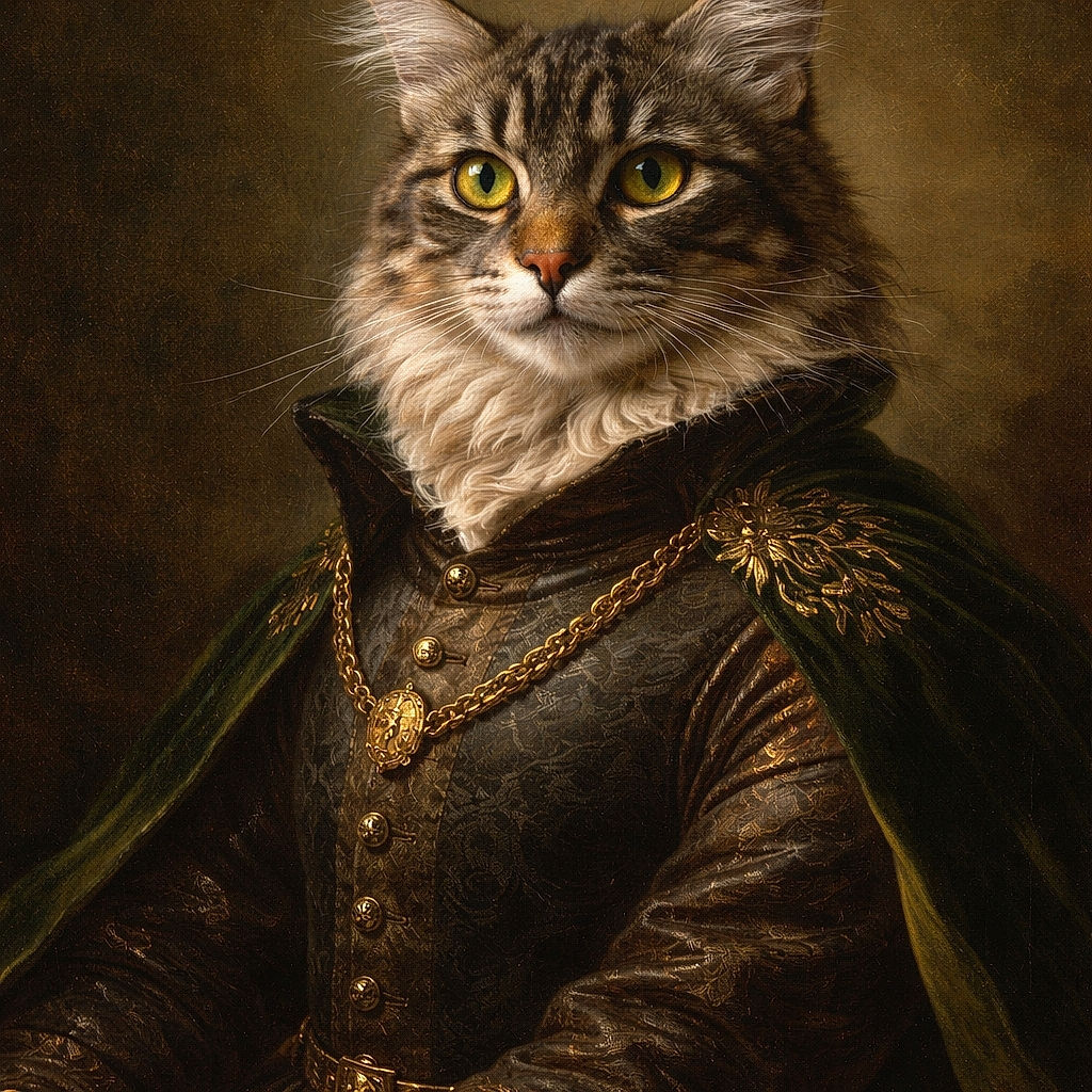 A majestic fluffy tabby cat sits perched on a wooden ledge by a window, its wide golden eyes staring intently as if guarding the secrets of the outside world. The natural light highlights the intricate patterns in its fur, making it look like a tiny furry lion surveying its kingdom.