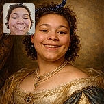 A close-up selfie of a smiling young person with curly hair tied with a polka-dot headband, wearing a leopard print top, against a plain wall background. The photo has casual and candid vibes.