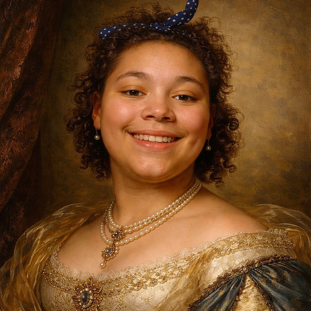 A close-up selfie of a smiling young person with curly hair tied with a polka-dot headband, wearing a leopard print top, against a plain wall background. The photo has casual and candid vibes.