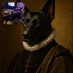 A cozy living room scene with a black dog standing near a cluttered coffee table. The TV is on in the background showing a scene with two people, and the room is warmly lit with a Christmas tree and presents visible. The dog's face is a bit shadowed, adding a mysterious vibe to the homely setting.