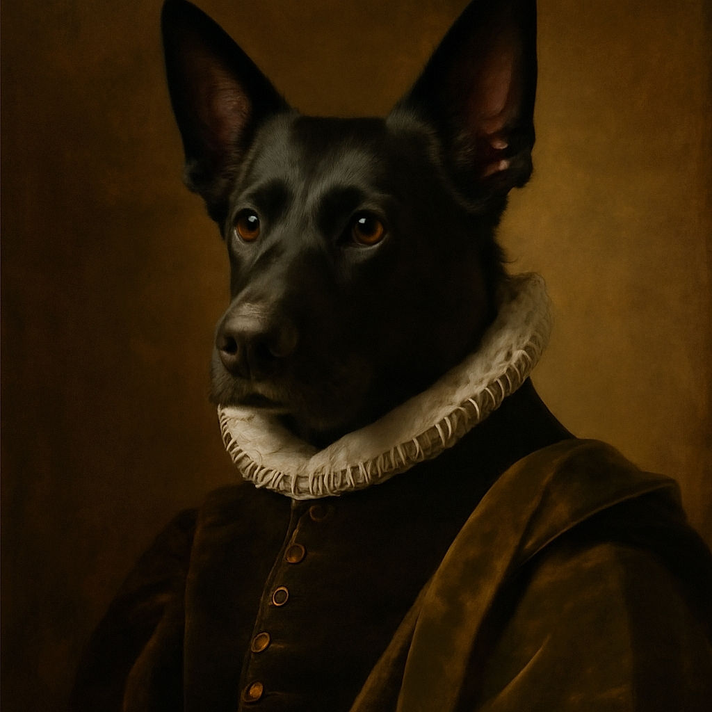 A cozy living room scene with a black dog standing near a cluttered coffee table. The TV is on in the background showing a scene with two people, and the room is warmly lit with a Christmas tree and presents visible. The dog's face is a bit shadowed, adding a mysterious vibe to the homely setting.