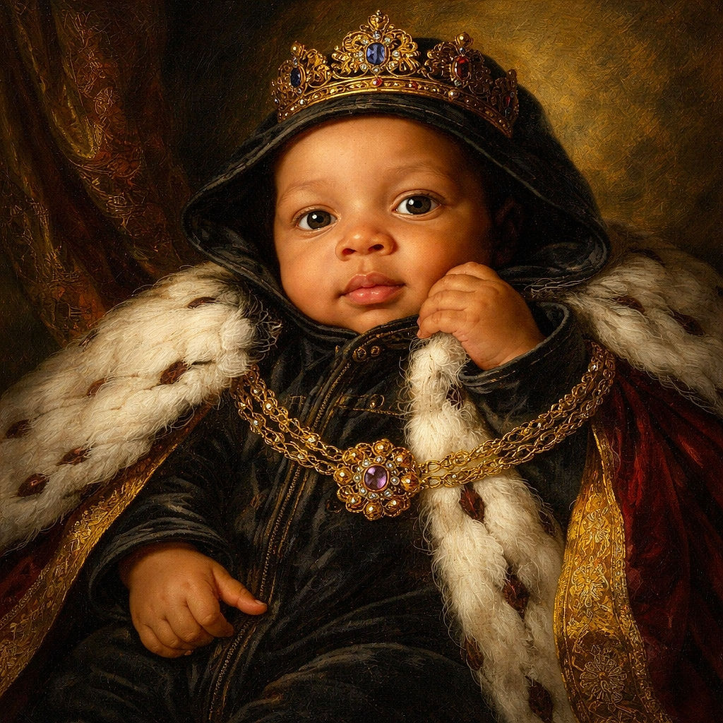 A cozy baby dressed in a black hooded onesie is being gently held, with curious eyes and a tiny hand near the mouth, all wrapped up in warmth and comfort.