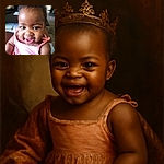 A joyful baby in a pink dress beams with delight, eyes sparkling with curiosity and a smile wide enough to light up the room, sitting comfortably with a cozy living room background.
