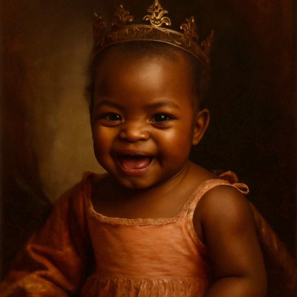 A joyful baby in a pink dress beams with delight, eyes sparkling with curiosity and a smile wide enough to light up the room, sitting comfortably with a cozy living room background.