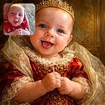A joyful baby in a red star-patterned outfit is wrapped in a soft pink blanket, smiling widely with bright eyes and tiny hands clasped together, basking in warm natural light with a blurred outdoor background.