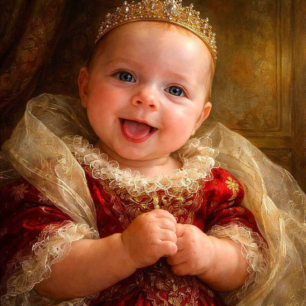 A joyful baby in a red star-patterned outfit is wrapped in a soft pink blanket, smiling widely with bright eyes and tiny hands clasped together, basking in warm natural light with a blurred outdoor background.