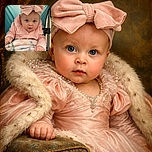 A curious baby dressed in soft pink with an oversized bow headband sits bundled in a colorful, fuzzy blanket, staring wide-eyed with an expression of innocent wonder, framed by a gradient blue backdrop and stroller frame.