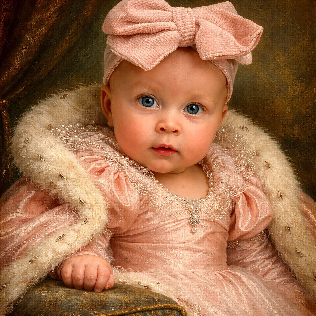 A curious baby dressed in soft pink with an oversized bow headband sits bundled in a colorful, fuzzy blanket, staring wide-eyed with an expression of innocent wonder, framed by a gradient blue backdrop and stroller frame.