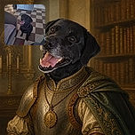 A cheerful black dog sits proudly on the checkered floor, flashing a grin as if it just heard the magic words “walk” and “treat” at the same time. A red chew toy waits nearby, while the sofa and blue cabinet complete the cozy indoor scene.