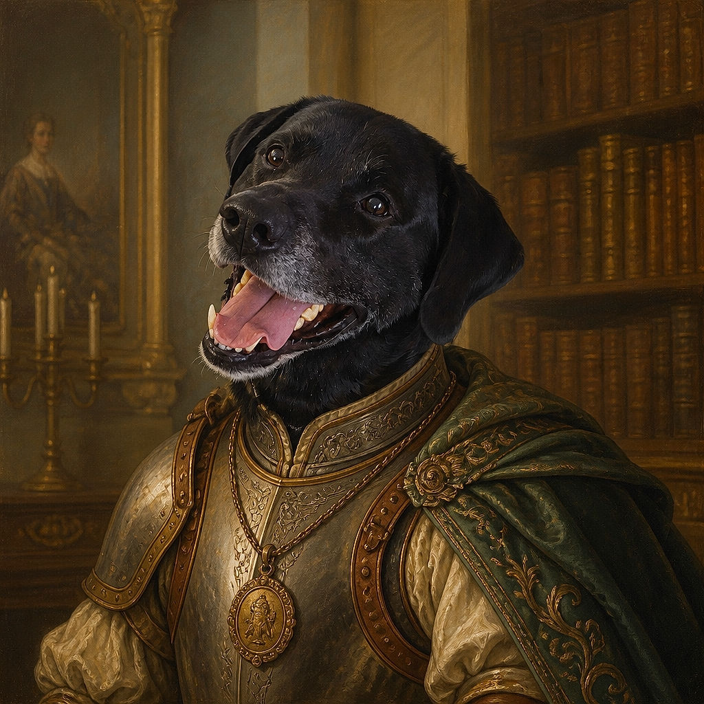 A cheerful black dog sits proudly on the checkered floor, flashing a grin as if it just heard the magic words “walk” and “treat” at the same time. A red chew toy waits nearby, while the sofa and blue cabinet complete the cozy indoor scene.