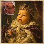 A wide-eyed newborn is bundled up like a tiny burrito monarch, gazing dramatically into the distance while a hooded towel forms a very cozy royal cape.