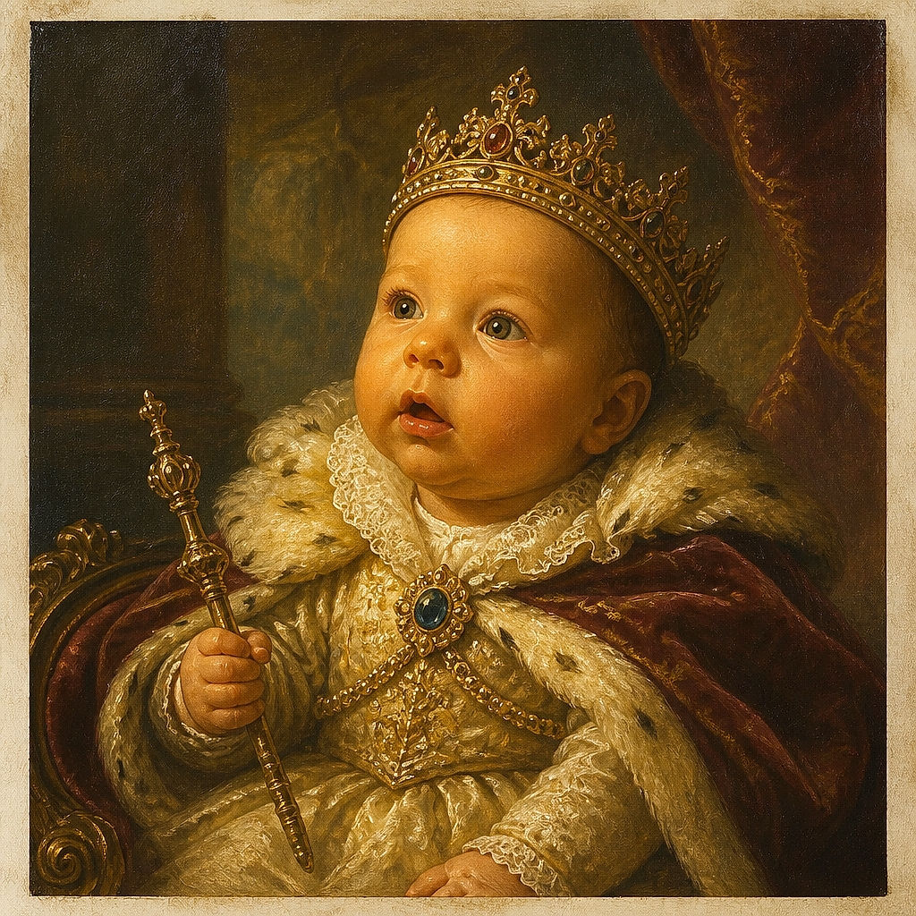 A wide-eyed newborn is bundled up like a tiny burrito monarch, gazing dramatically into the distance while a hooded towel forms a very cozy royal cape.