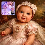 A joyful baby dressed in soft pink with a big bow headband, lying on a cozy textured pillow and blanket, reaching out with tiny hands and flashing a cute smile that could melt hearts.
