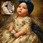 A chubby-cheeked baby dressed in adorable floral overalls and a navy headwrap lounges on a fluffy white blanket, surrounded by green leafy plants, looking curiously off-camera with tiny fists mid-motion.