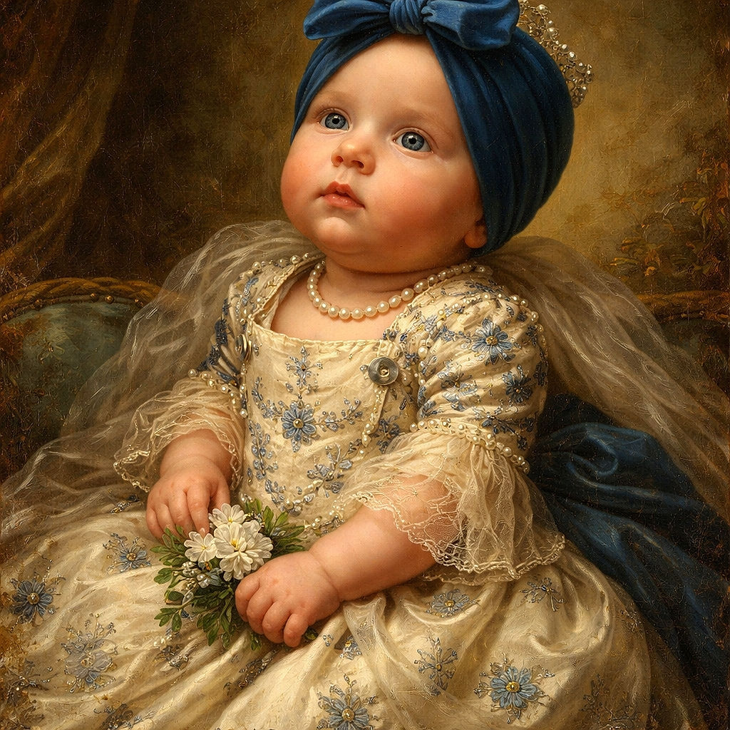 A chubby-cheeked baby dressed in adorable floral overalls and a navy headwrap lounges on a fluffy white blanket, surrounded by green leafy plants, looking curiously off-camera with tiny fists mid-motion.
