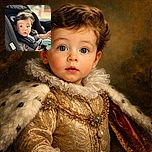 An adorable baby with big curious eyes is securely buckled in a car seat, looking straight at the camera with a slightly surprised expression, surrounded by soft toys and cozy car seat padding.