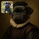 A close-up photo of an adorable black puppy wearing a dark shirt with blue trim, sitting on grass with fallen leaves around. The puppy's large, shiny eyes reflect the photographer, adding a charming and curious vibe to the picture.