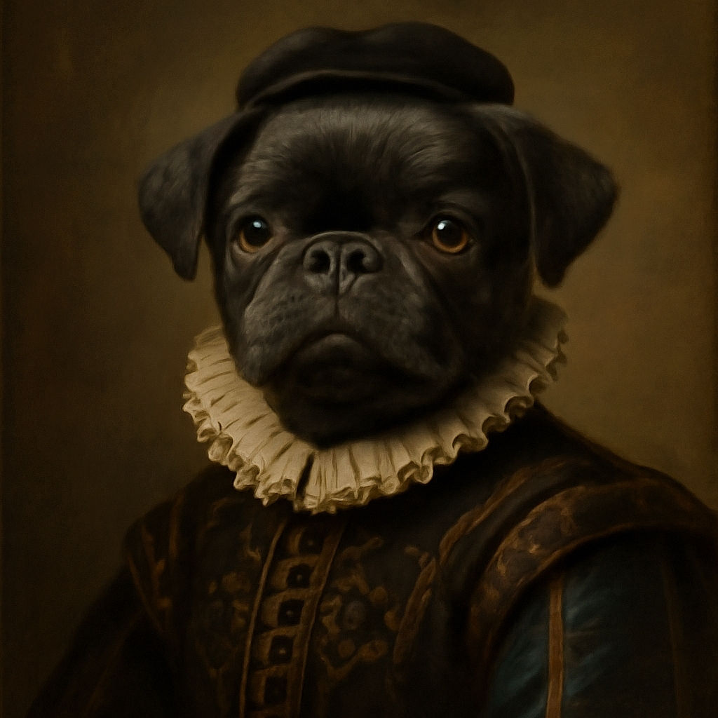 A close-up photo of an adorable black puppy wearing a dark shirt with blue trim, sitting on grass with fallen leaves around. The puppy's large, shiny eyes reflect the photographer, adding a charming and curious vibe to the picture.