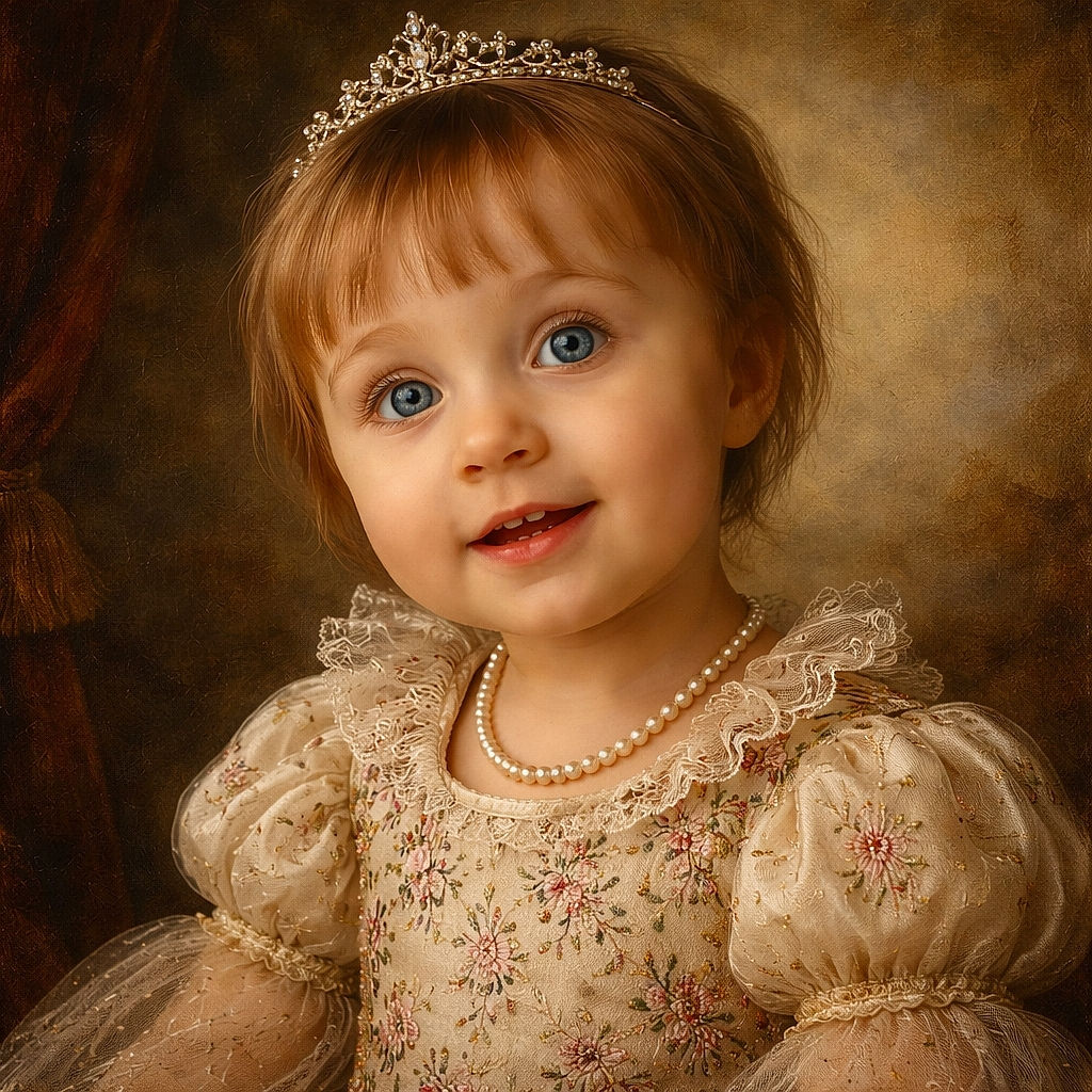 A wide-eyed toddler leans in like they're inspecting the camera for snacks — floral shirt, curious grin, and those arresting blue eyes stealing the show while a cozy playroom blurs behind.