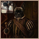 A serious-looking French bulldog stands on a retro tiled floor, staring into the camera like a tiny security guard who has just discovered the suspicious red bathtub in the background. Its oversized ears and deeply unimpressed expression steal the whole show.